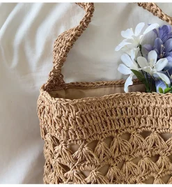 Elena Handbags Patterned Straw Shoulder Bucket Bag
