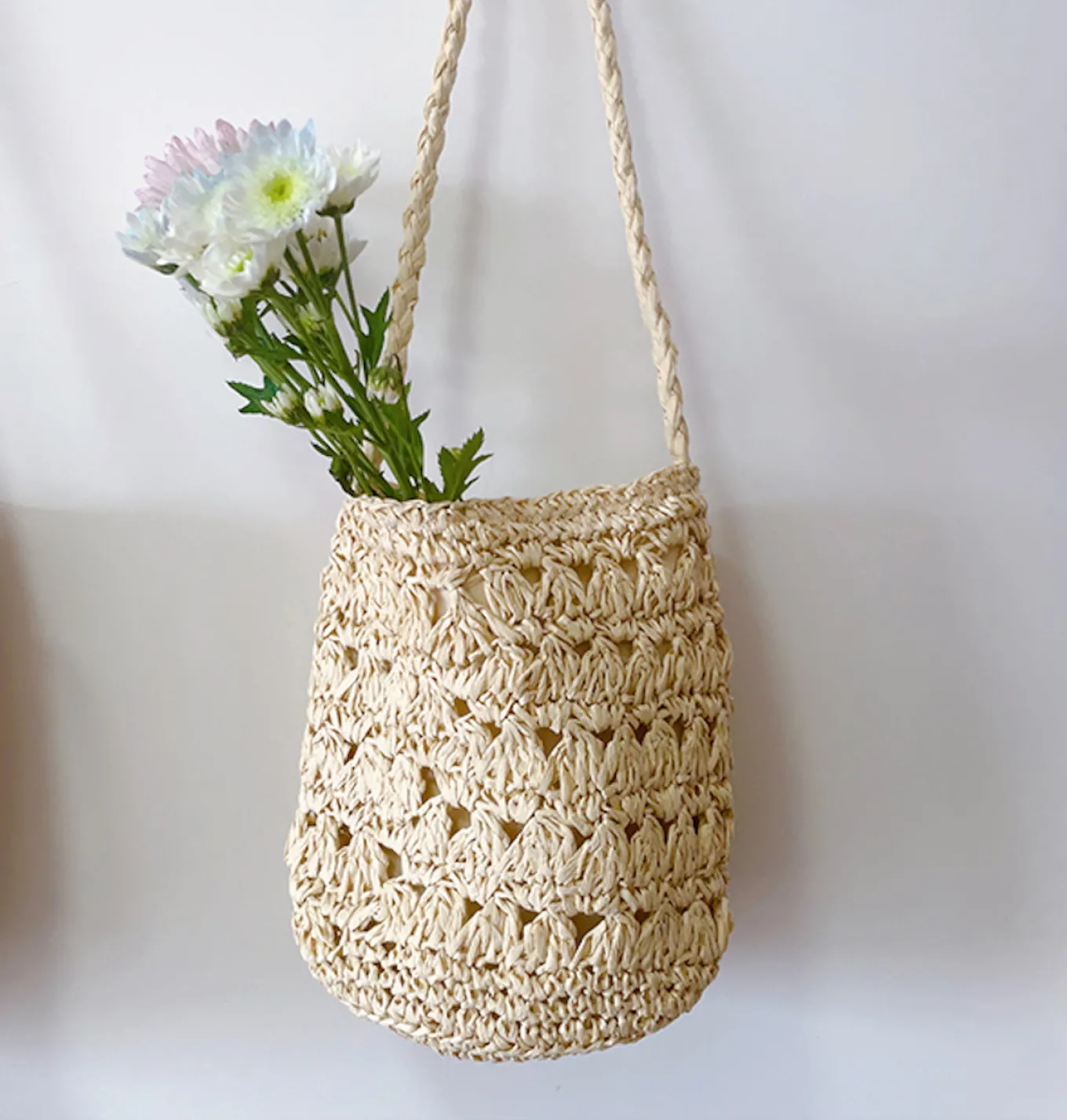 Elena Handbags Patterned Straw Shoulder Bucket Bag
