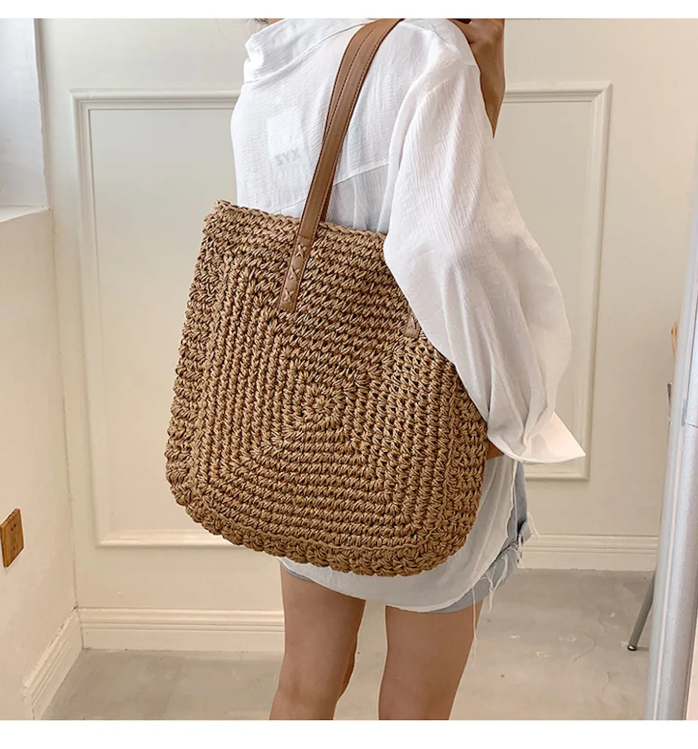 Elena Handbags Patterned Straw Woven Tote Bag