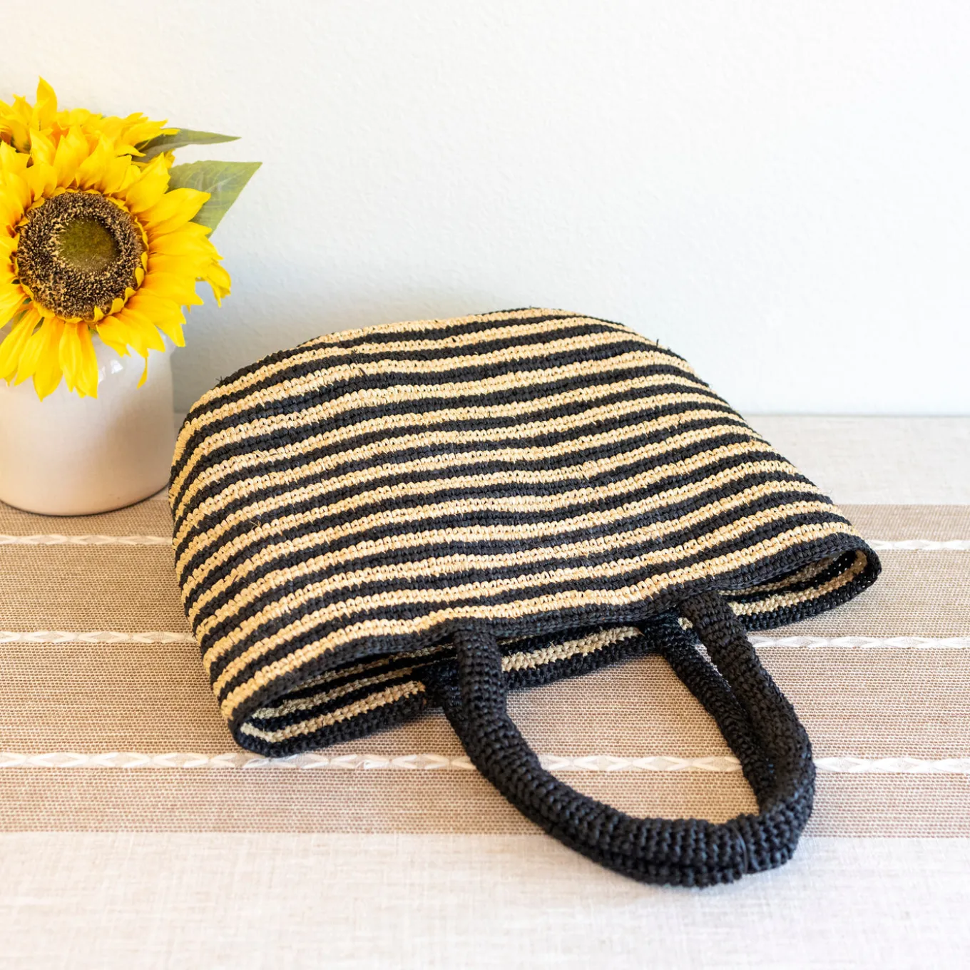 Elena Handbags Raffia Summer Beach Striped Straw Tote Bag