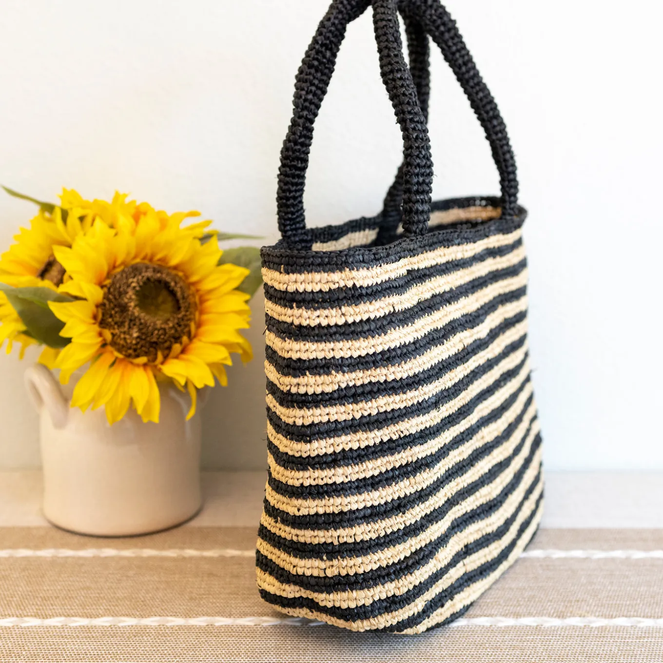 Elena Handbags Raffia Summer Beach Striped Straw Tote Bag