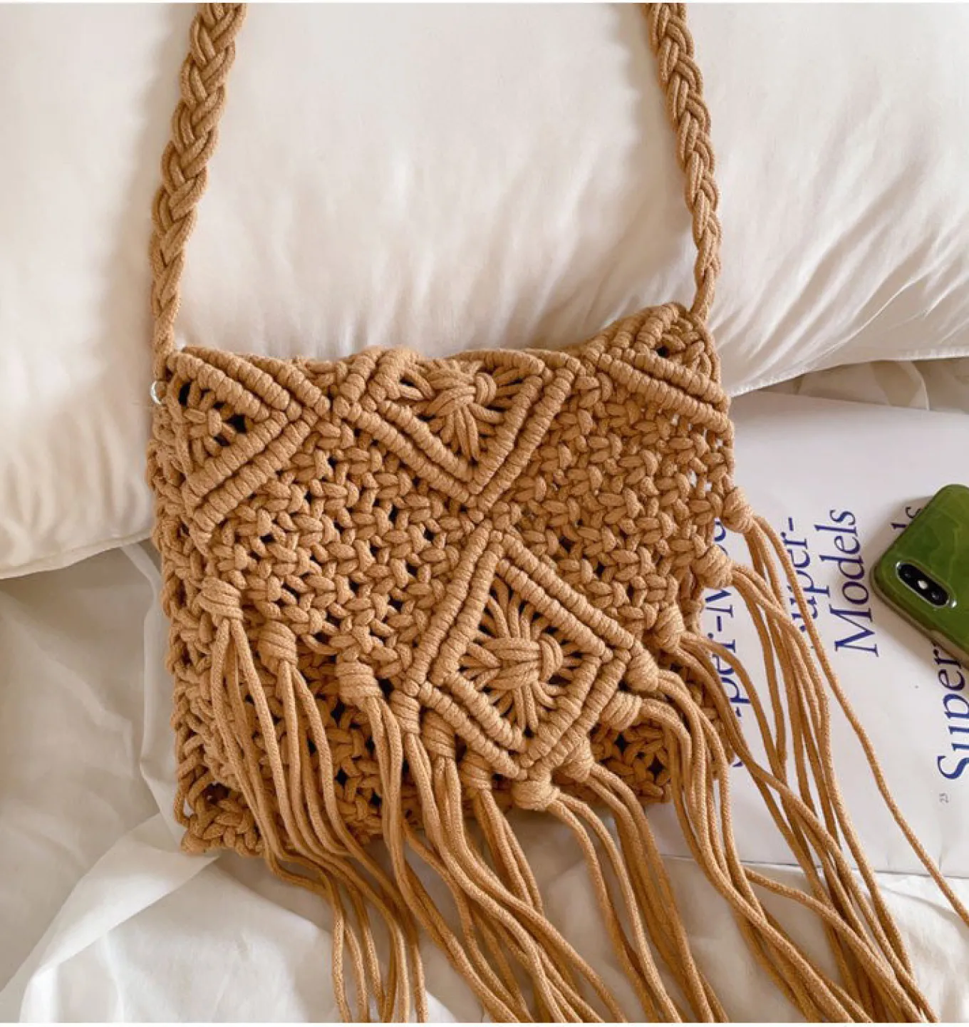 Elena Handbags Retro Cotton Macrame Crossbody Bag with Tassels