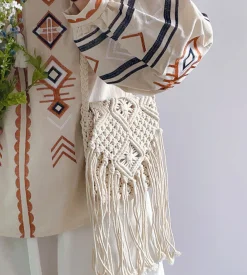 Elena Handbags Retro Cotton Macrame Crossbody Bag with Tassels