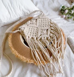 Elena Handbags Retro Cotton Macrame Crossbody Bag with Tassels