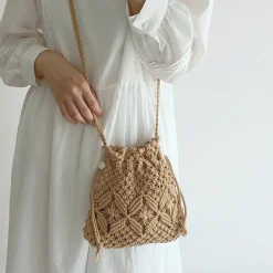 Elena Handbags Retro Cotton Macrame Shoulder Drawstring Bag