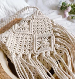 Elena Handbags Retro Cotton Macrame Crossbody Bag with Tassels