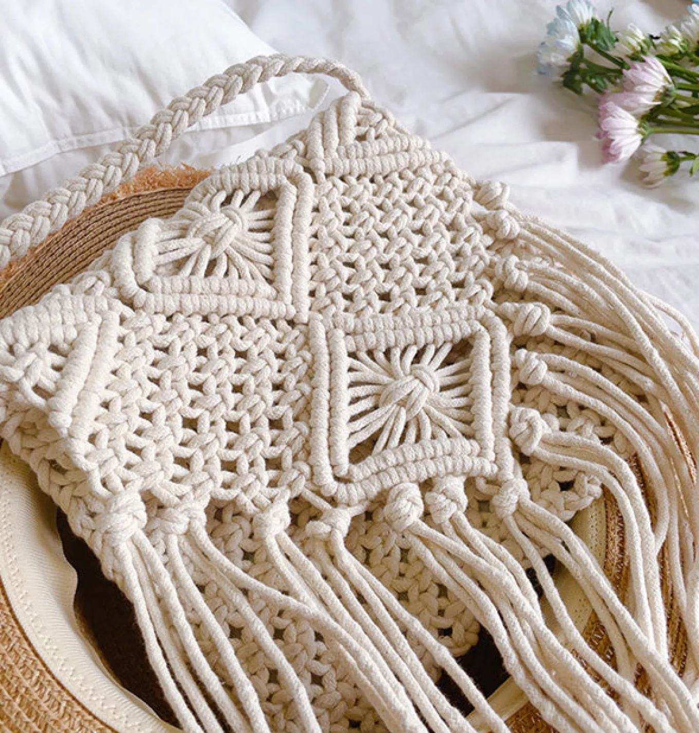 Elena Handbags Retro Cotton Macrame Crossbody Bag with Tassels