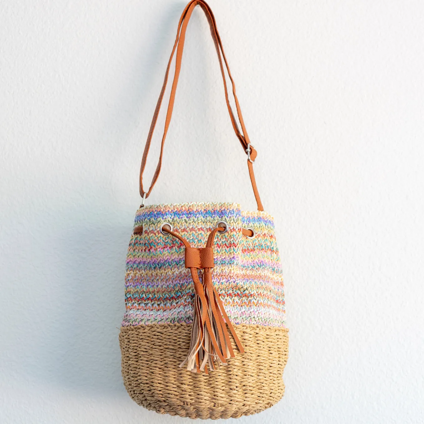 Elena Handbags Retro Fashion Straw Bucket Shoulder Bag