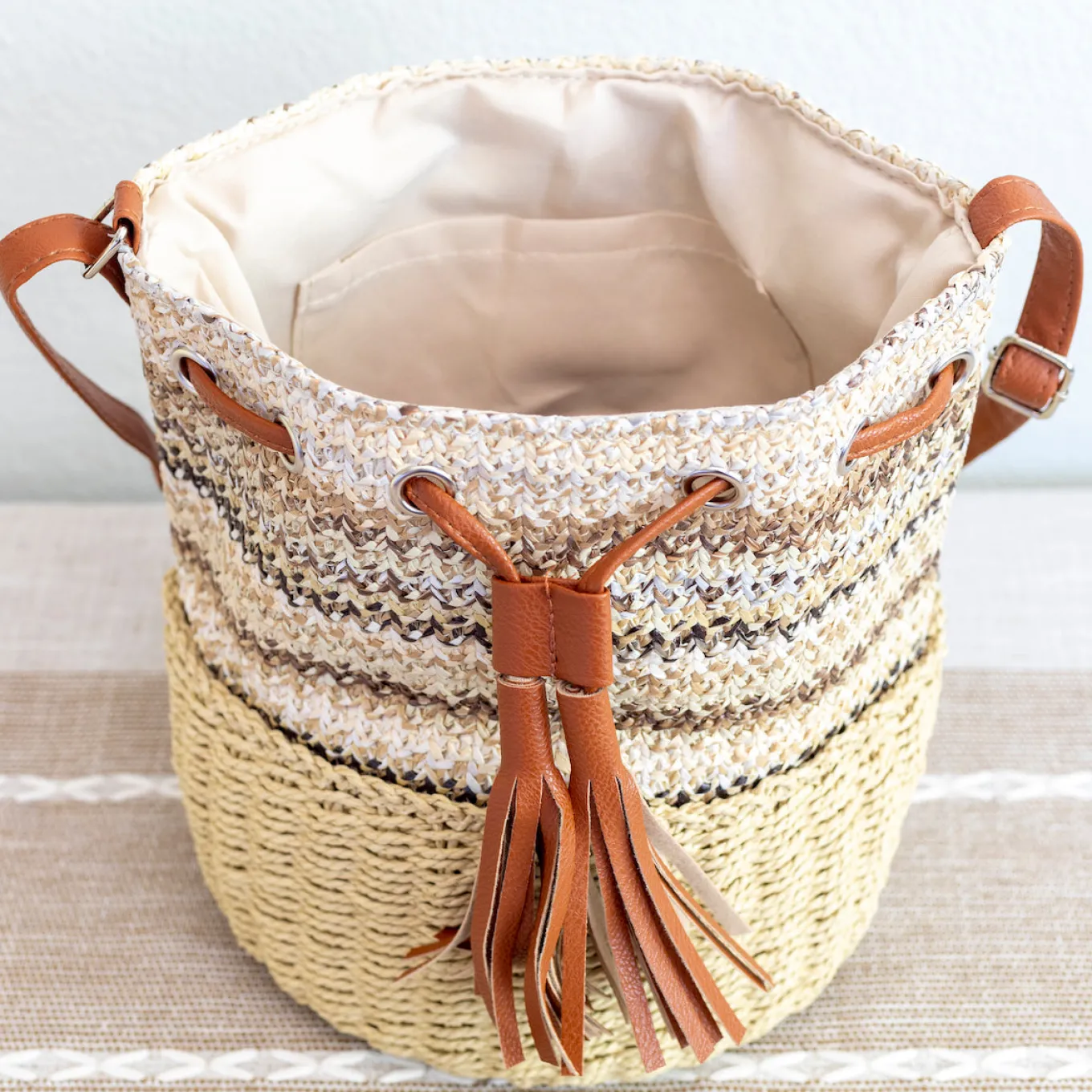 Elena Handbags Retro Fashion Straw Bucket Shoulder Bag