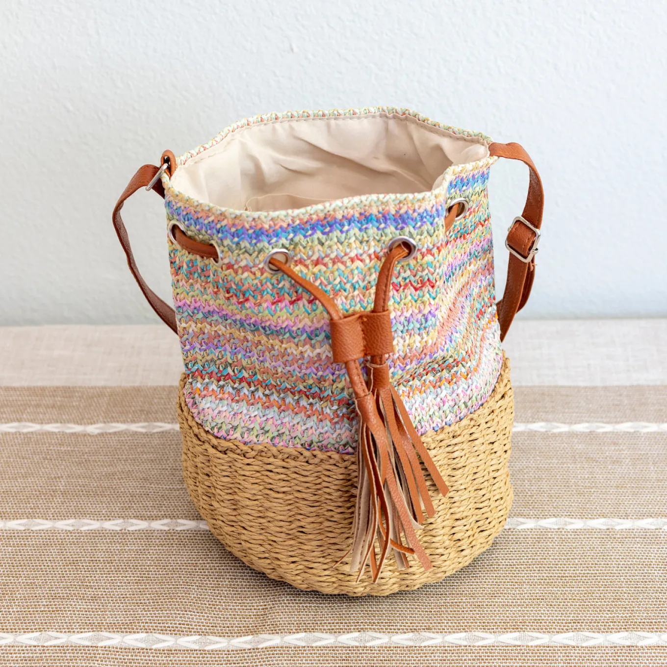 Elena Handbags Retro Fashion Straw Bucket Shoulder Bag