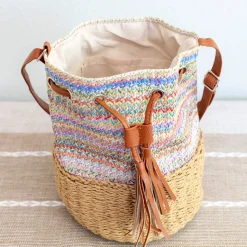 Elena Handbags Retro Fashion Straw Bucket Shoulder Bag