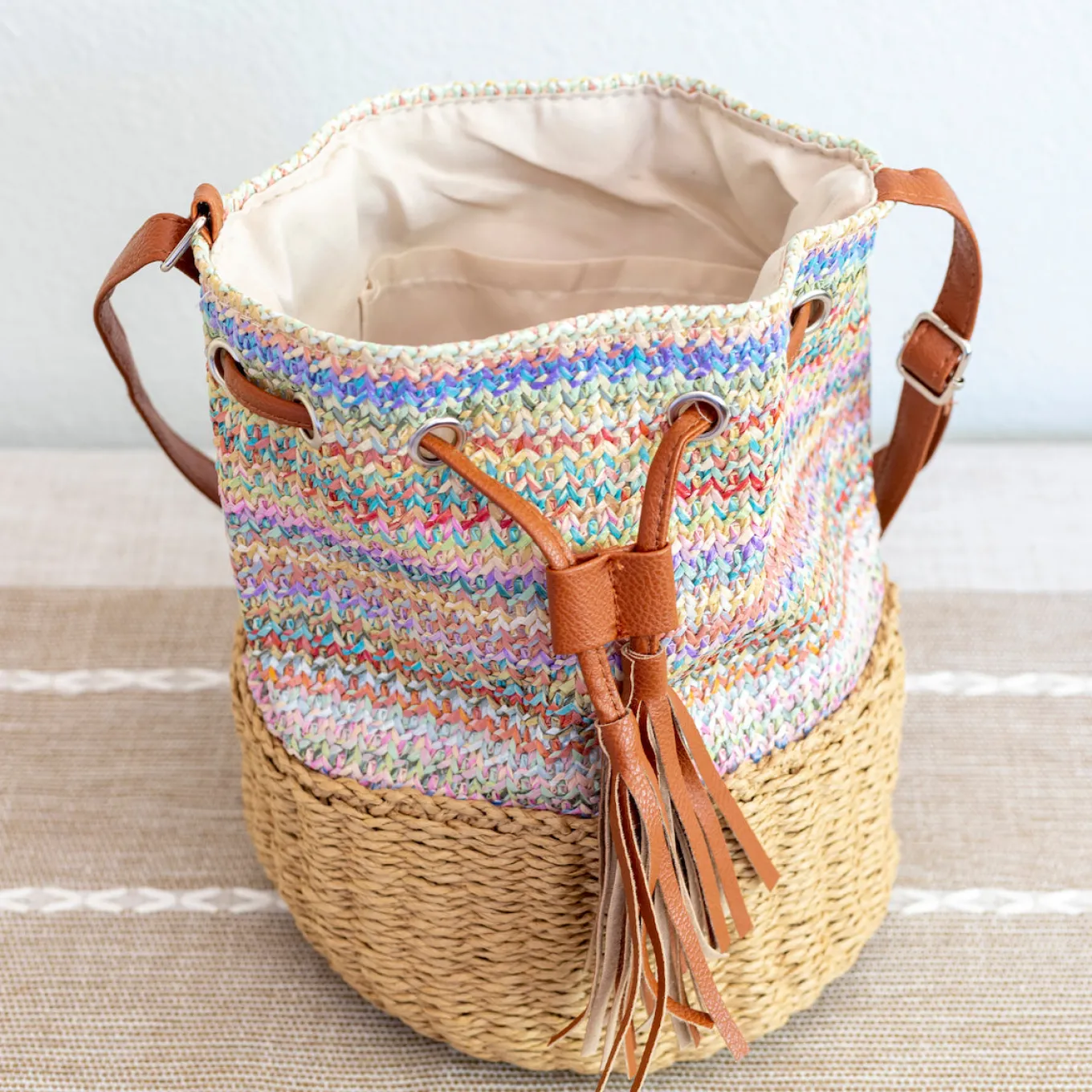 Elena Handbags Retro Fashion Straw Bucket Shoulder Bag