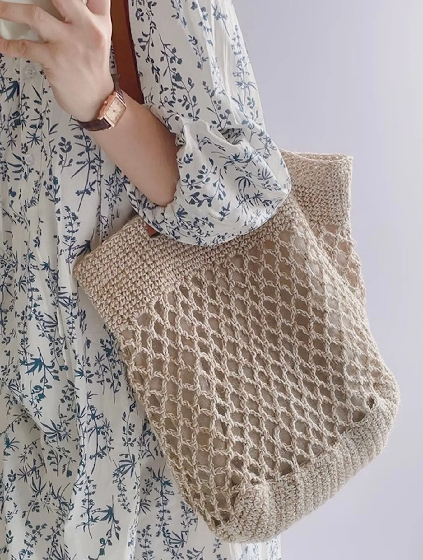 Elena Handbags Retro Fish Net Cotton Knitted Shoulder Bag with Leather Straps