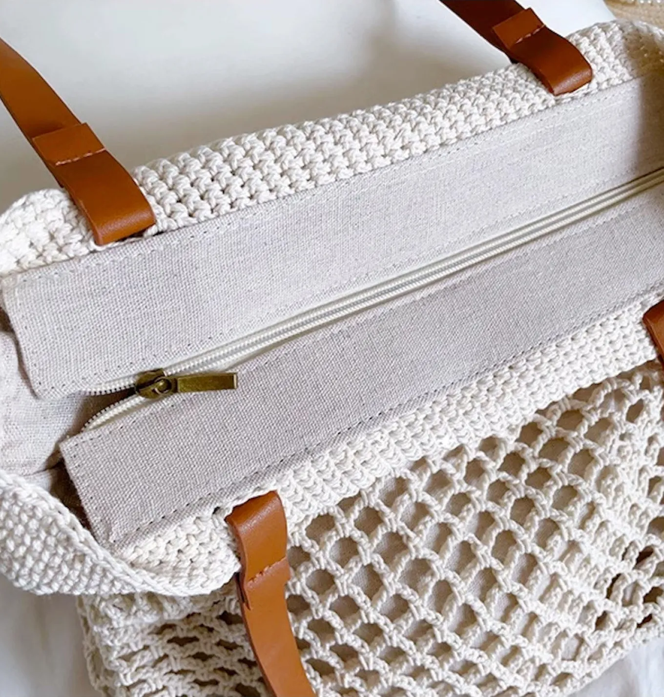 Elena Handbags Retro Fish Net Cotton Knitted Shoulder Bag with Leather Straps