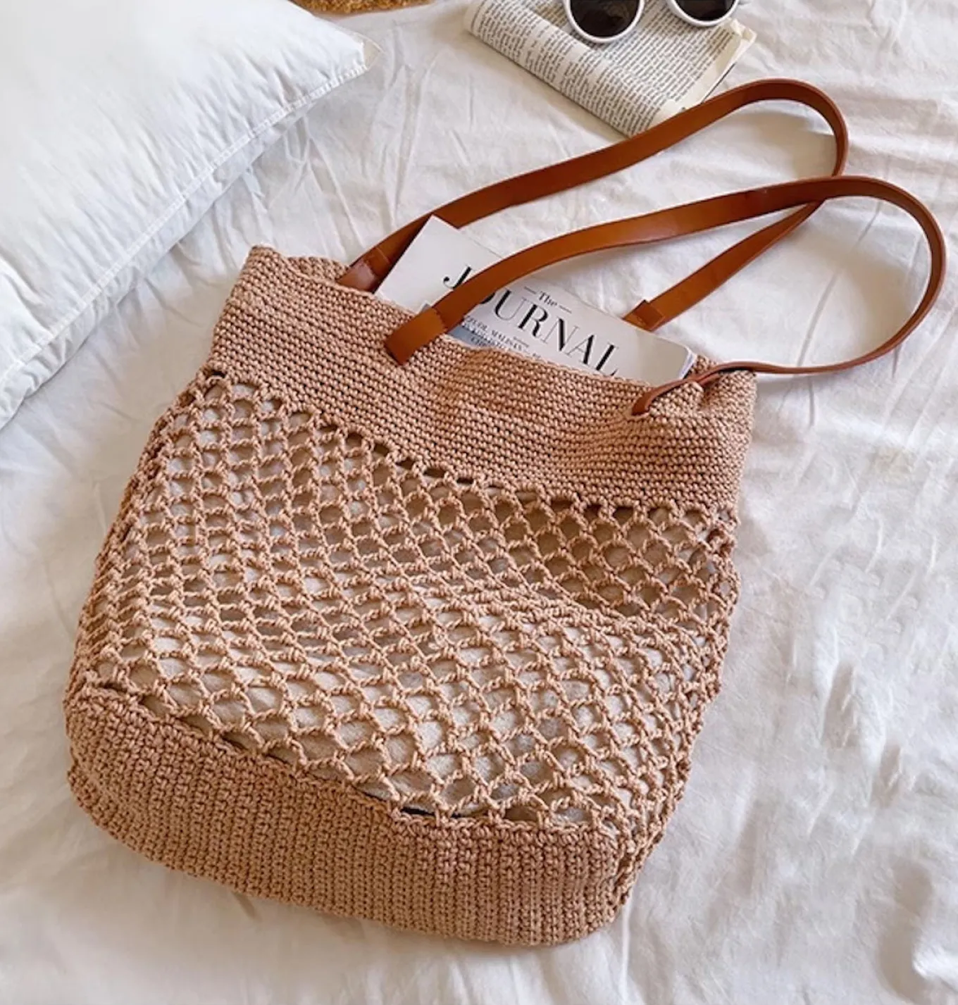 Elena Handbags Retro Fish Net Cotton Knitted Shoulder Bag with Leather Straps
