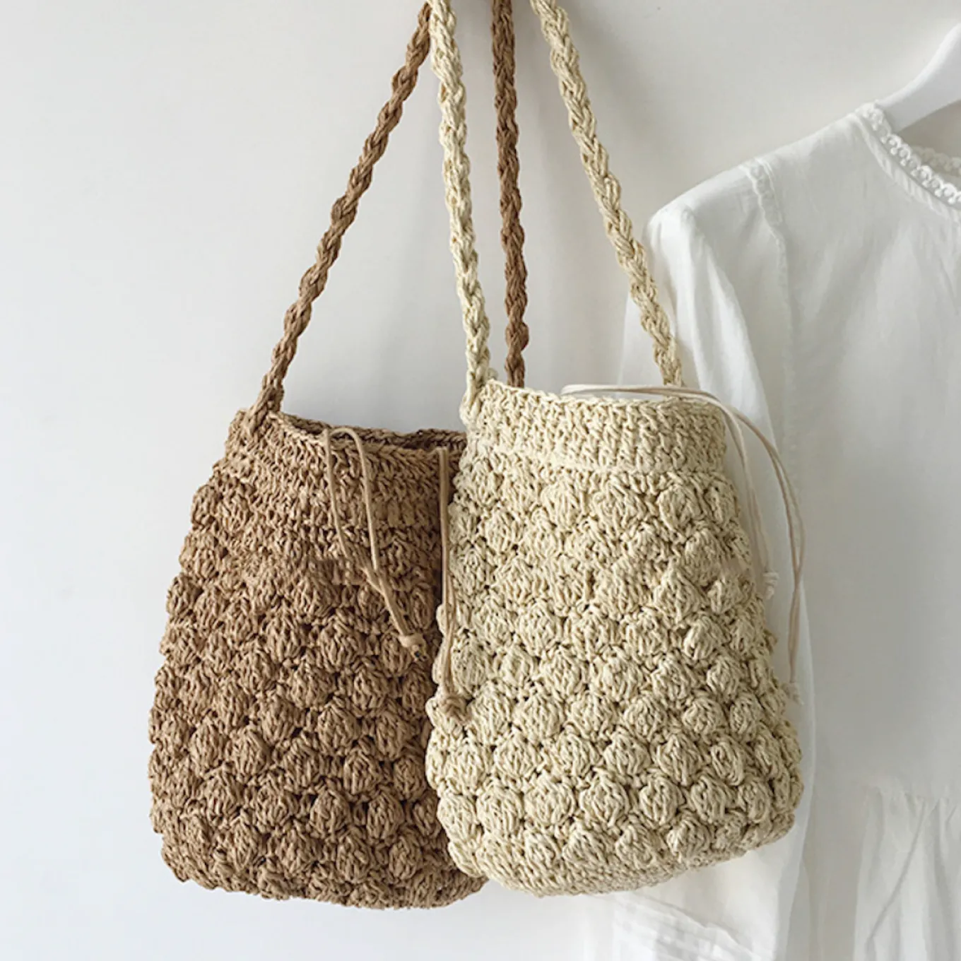 Elena Handbags Retro Straw Shoulder Bucket Bag