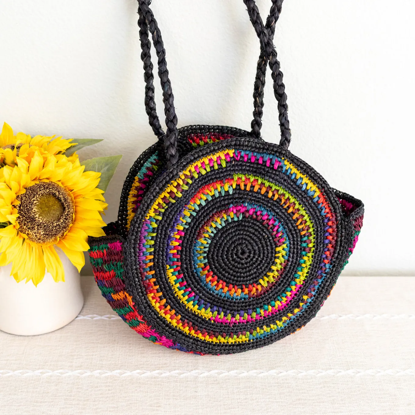 Elena Handbags Round Raffia Woven Shoulder Bag