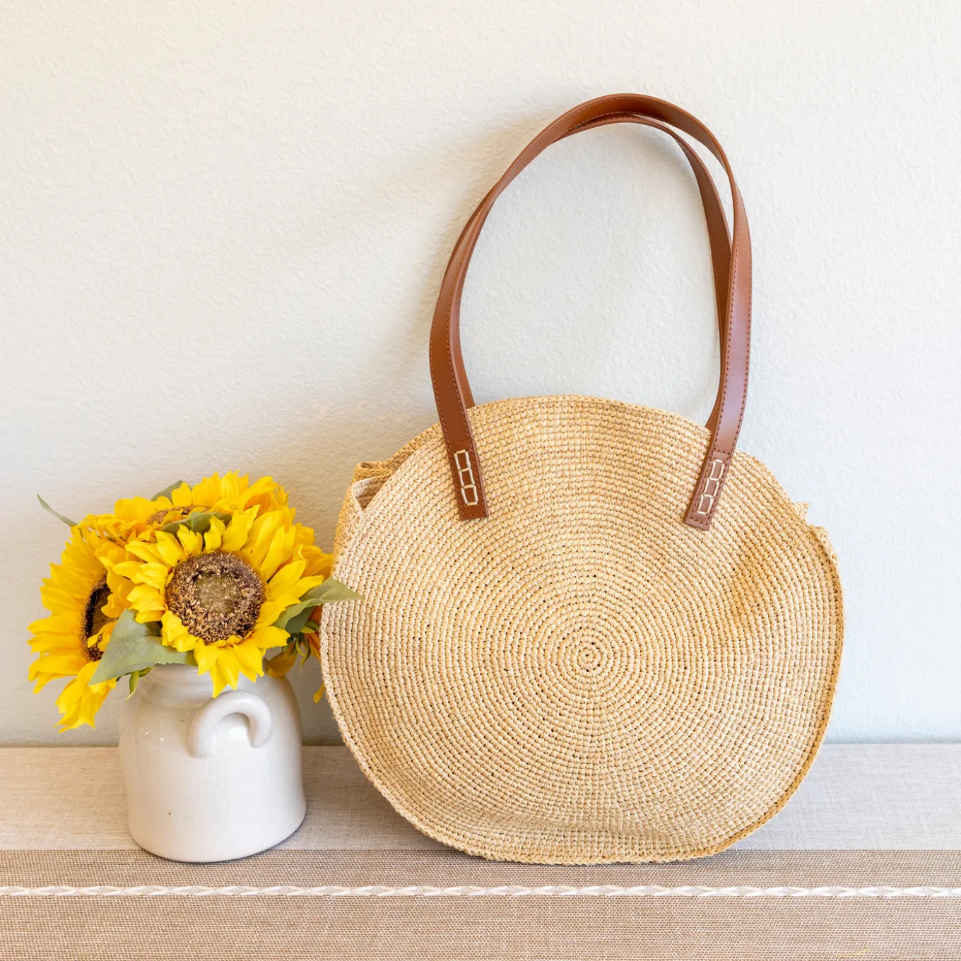 Elena Handbags Round Raffia Woven Shoulder Bag with Genuine Leather Straps