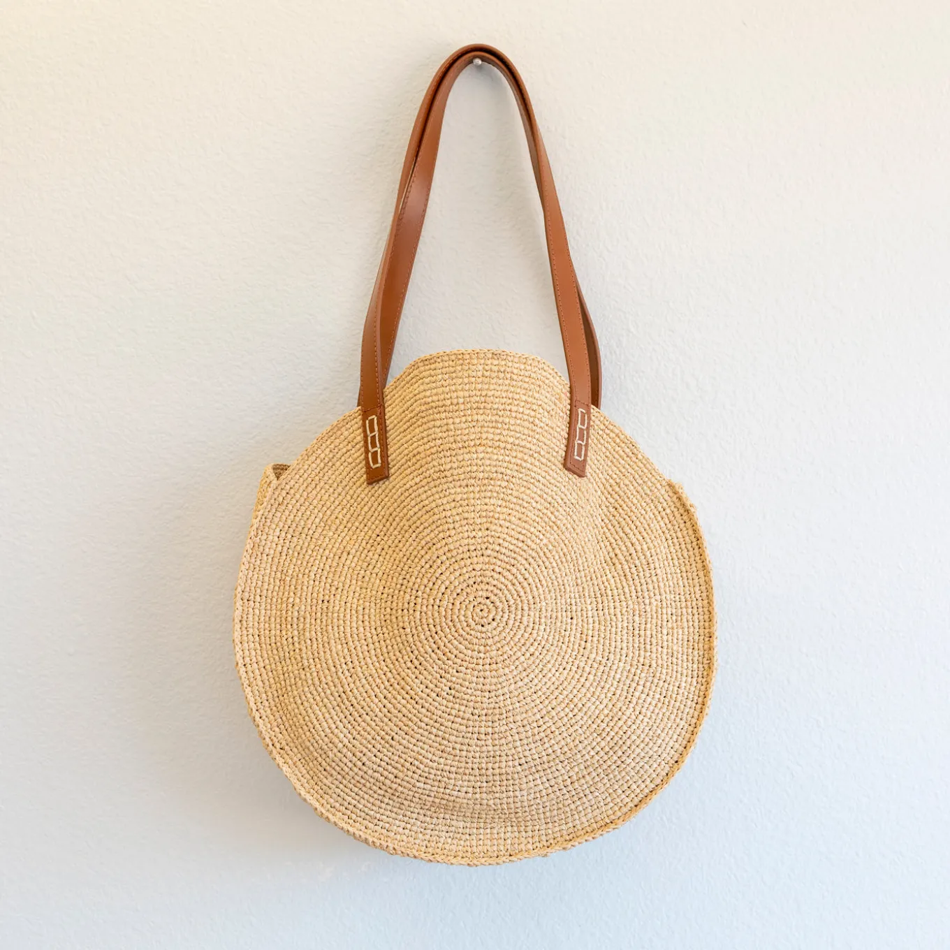 Elena Handbags Round Raffia Woven Shoulder Bag with Genuine Leather Straps