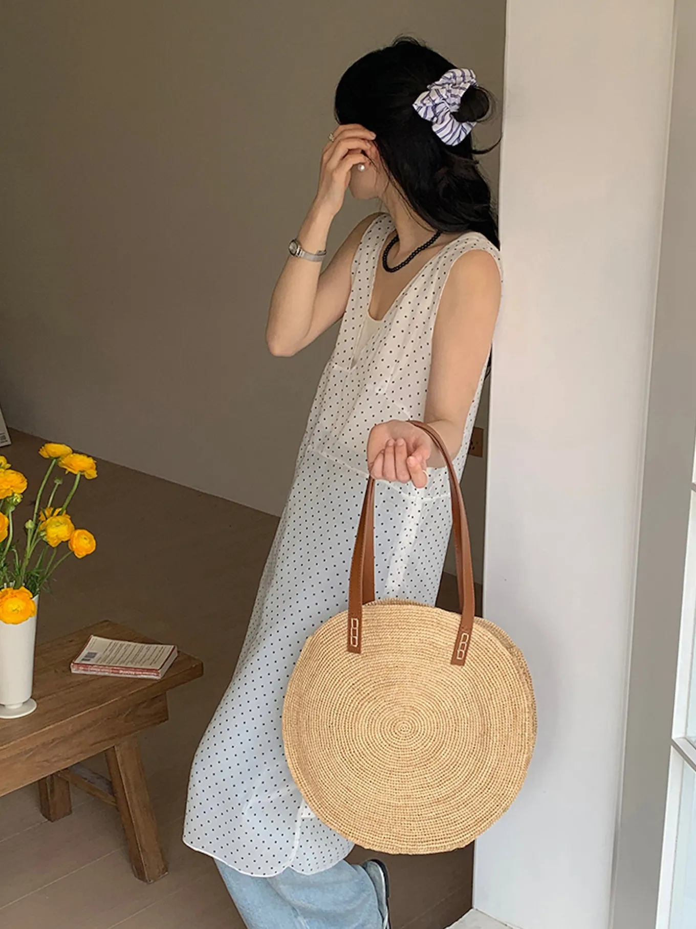 Elena Handbags Round Raffia Woven Shoulder Bag with Genuine Leather Straps