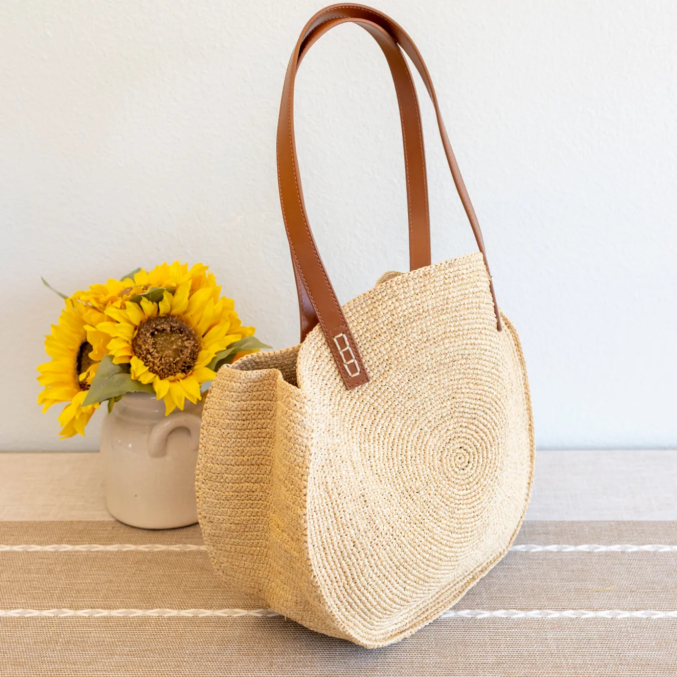 Elena Handbags Round Raffia Woven Shoulder Bag with Genuine Leather Straps