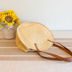 Elena Handbags Round Raffia Woven Shoulder Bag with Genuine Leather Straps