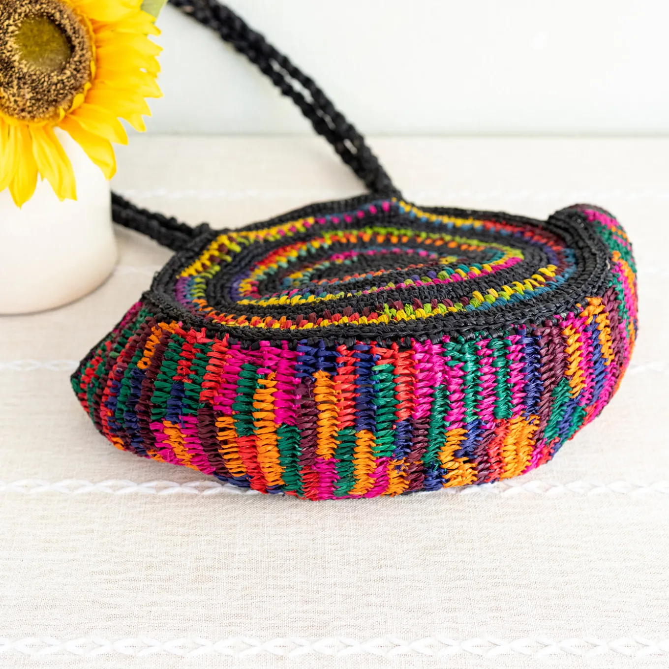 Elena Handbags Round Raffia Woven Shoulder Bag