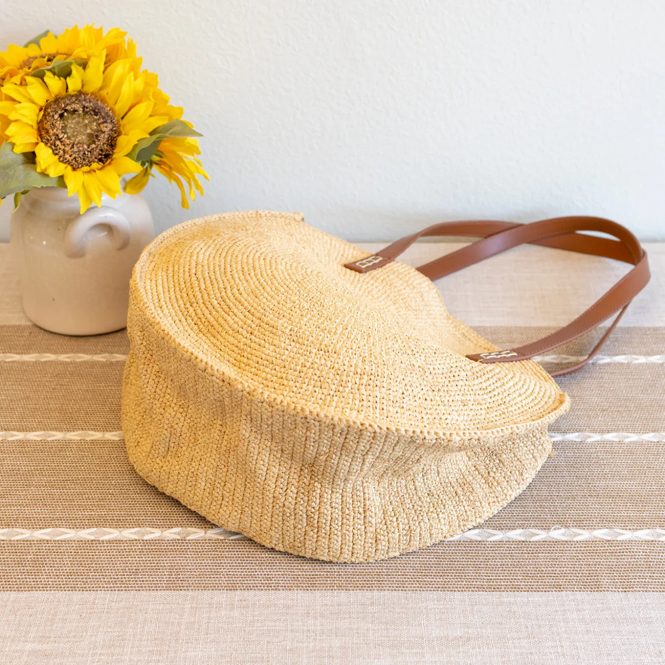 Elena Handbags Round Raffia Woven Shoulder Bag with Genuine Leather Straps
