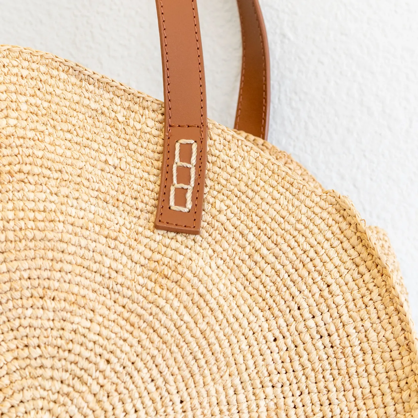 Elena Handbags Round Raffia Woven Shoulder Bag with Genuine Leather Straps