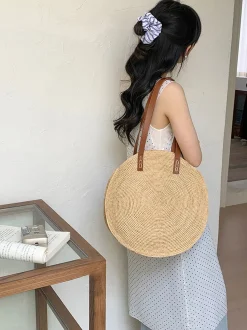 Elena Handbags Round Raffia Woven Shoulder Bag with Genuine Leather Straps