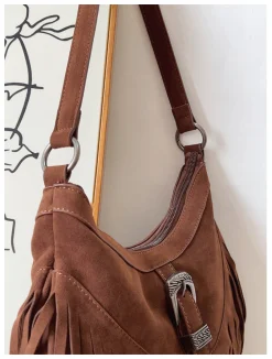 Elena Handbags Soft Suede Shoulder Bag with Tassel