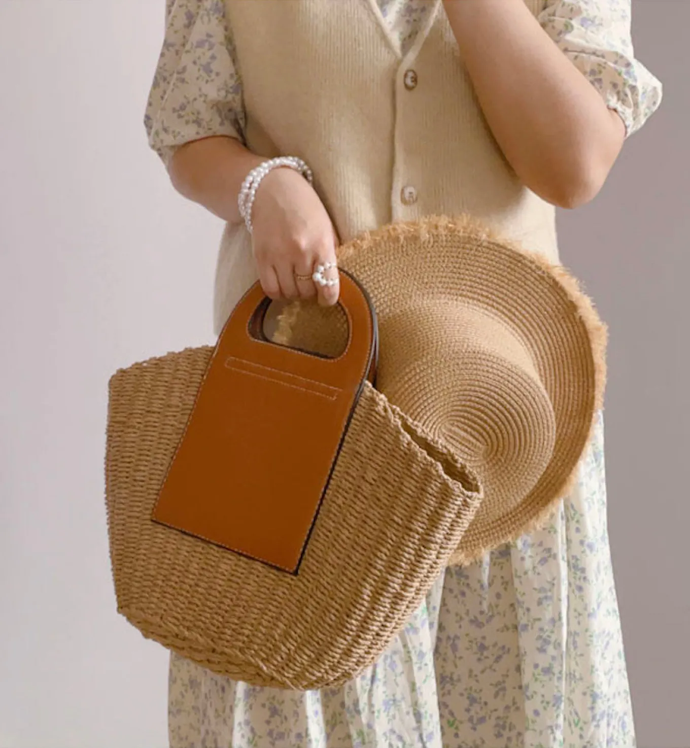 Elena Handbags Straw & Leather Top Handle Summer Bag