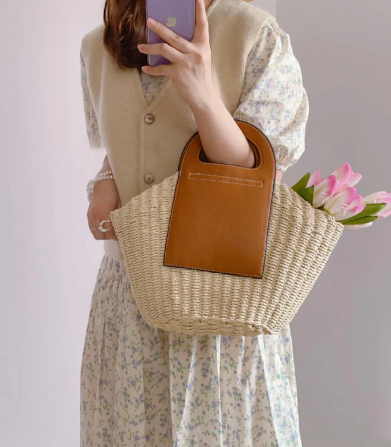 Elena Handbags Straw & Leather Top Handle Summer Bag