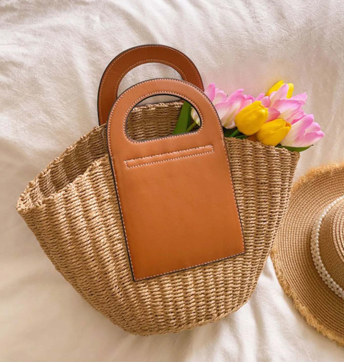 Elena Handbags Straw & Leather Top Handle Summer Bag