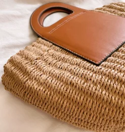 Elena Handbags Straw & Leather Top Handle Summer Bag