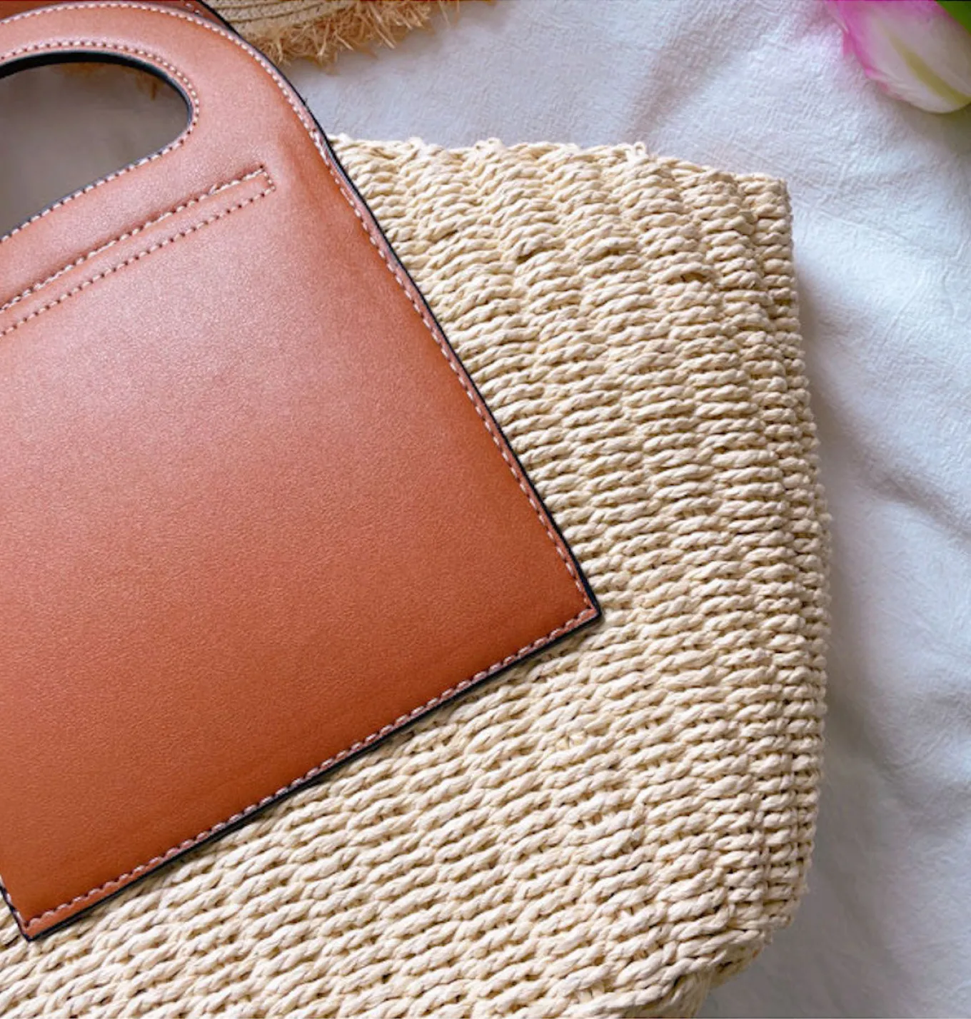 Elena Handbags Straw & Leather Top Handle Summer Bag