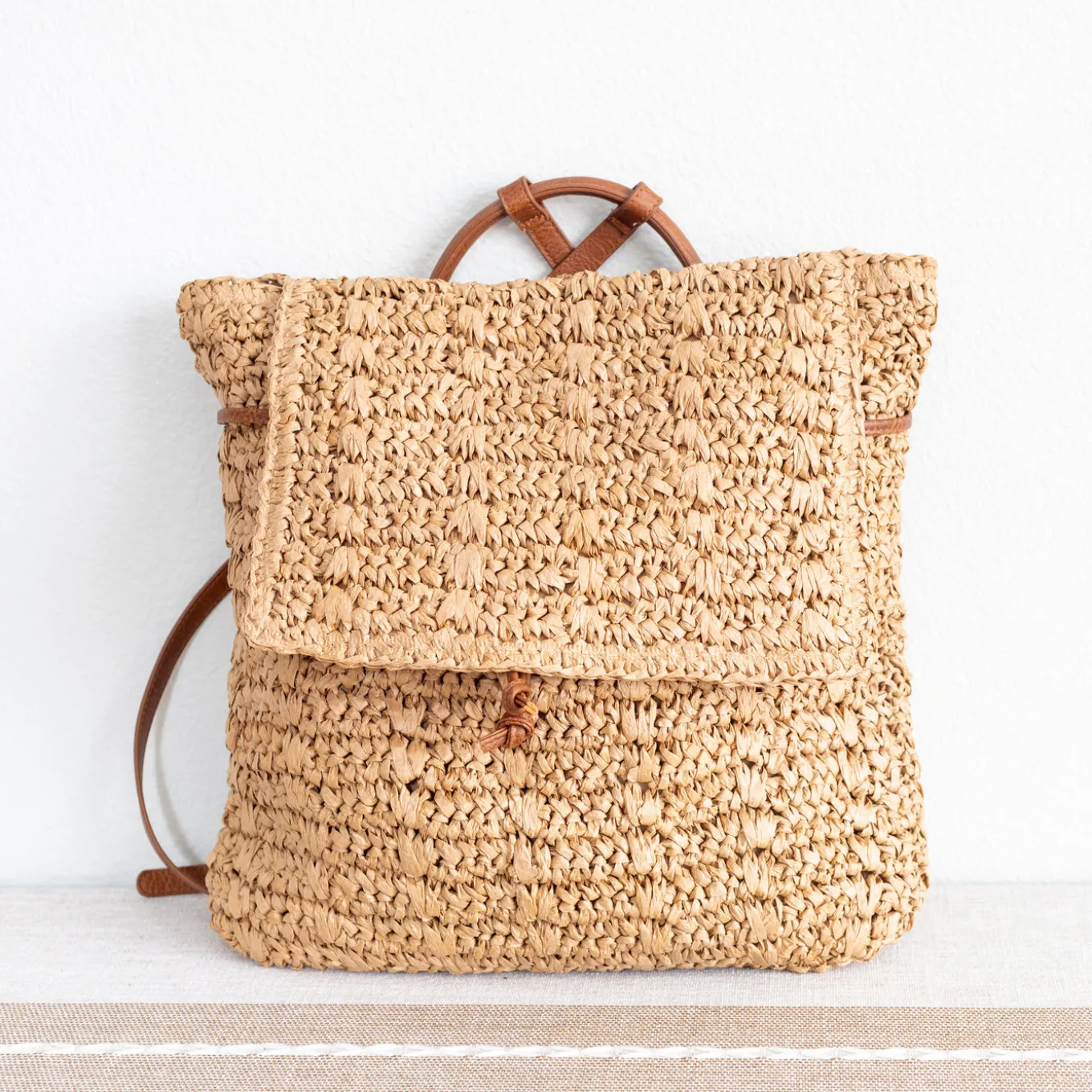 Elena Handbags Straw Backpack with Pu Leather Strap