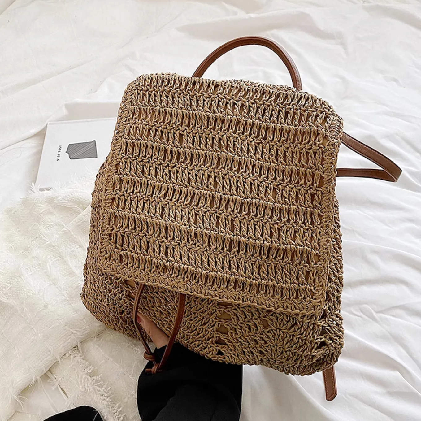 Elena Handbags Straw Backpack with Leather Strap