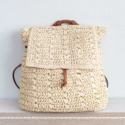 Elena Handbags Straw Backpack with Pu Leather Strap
