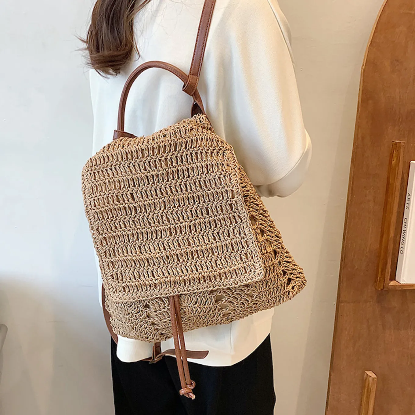 Elena Handbags Straw Backpack with Leather Strap