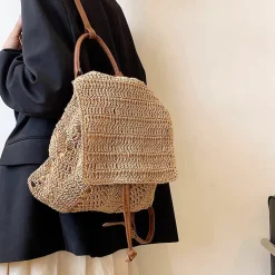 Elena Handbags Straw Backpack with Leather Strap