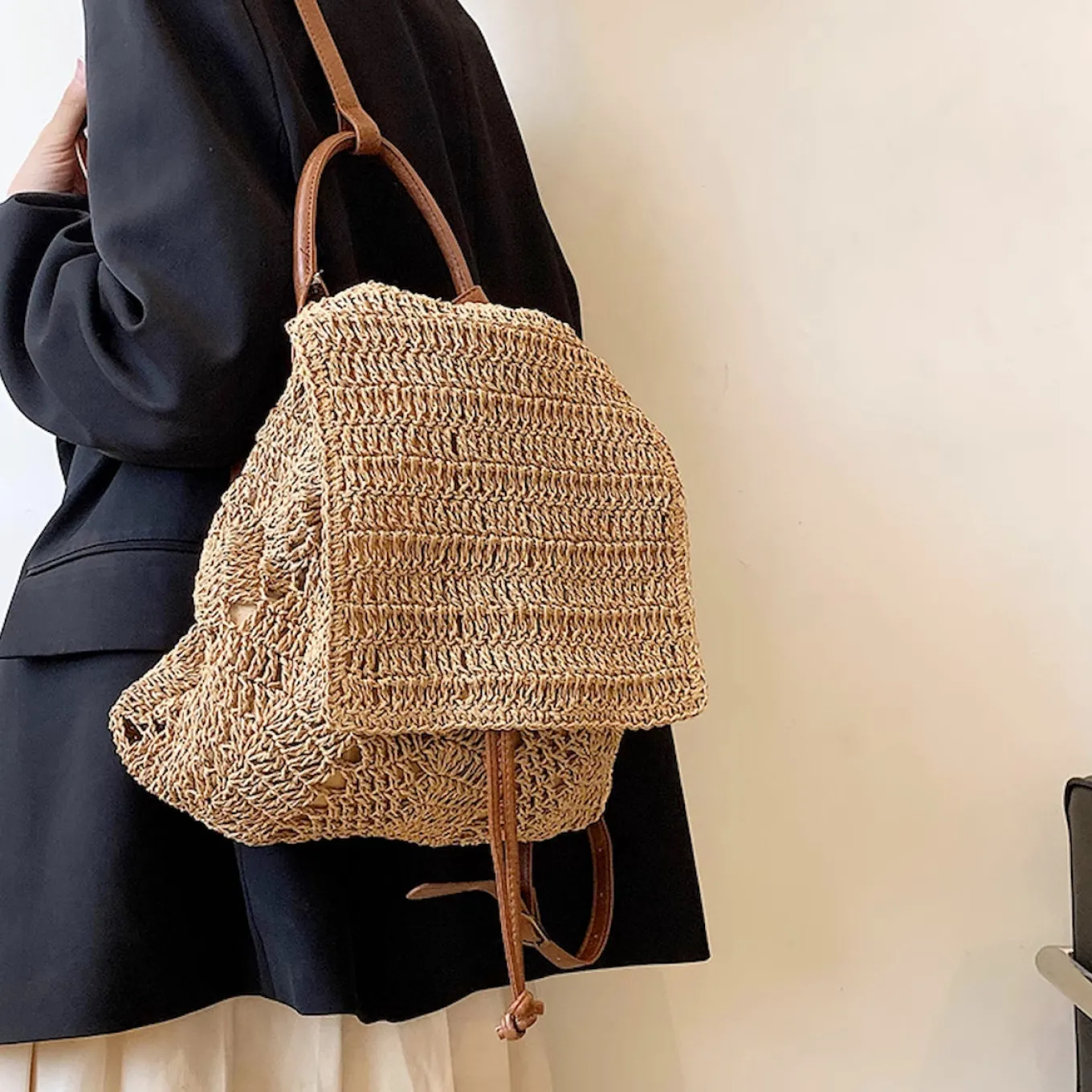 Elena Handbags Straw Backpack with Leather Strap