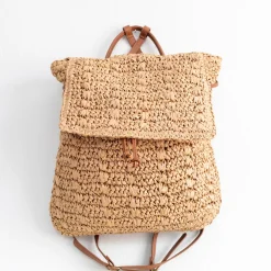 Elena Handbags Straw Backpack with Pu Leather Strap
