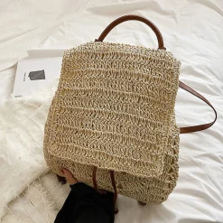 Elena Handbags Straw Backpack with Leather Strap