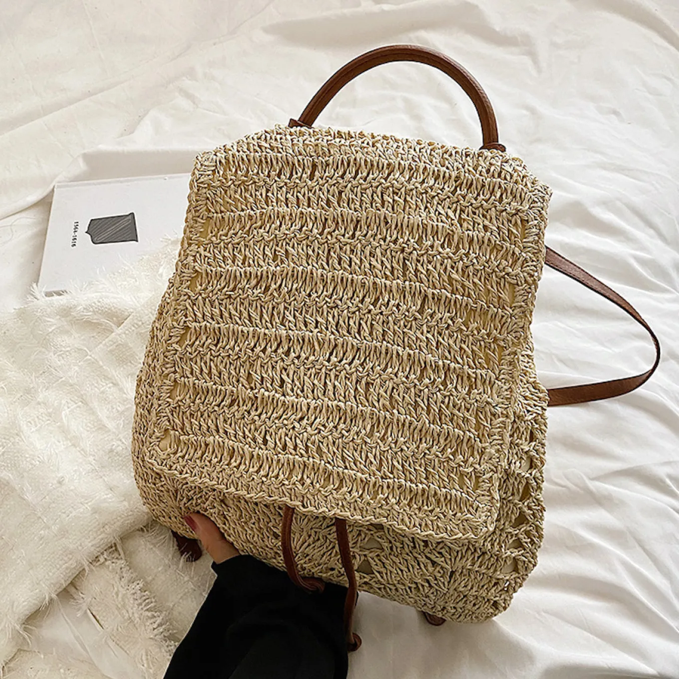Elena Handbags Straw Backpack with Leather Strap