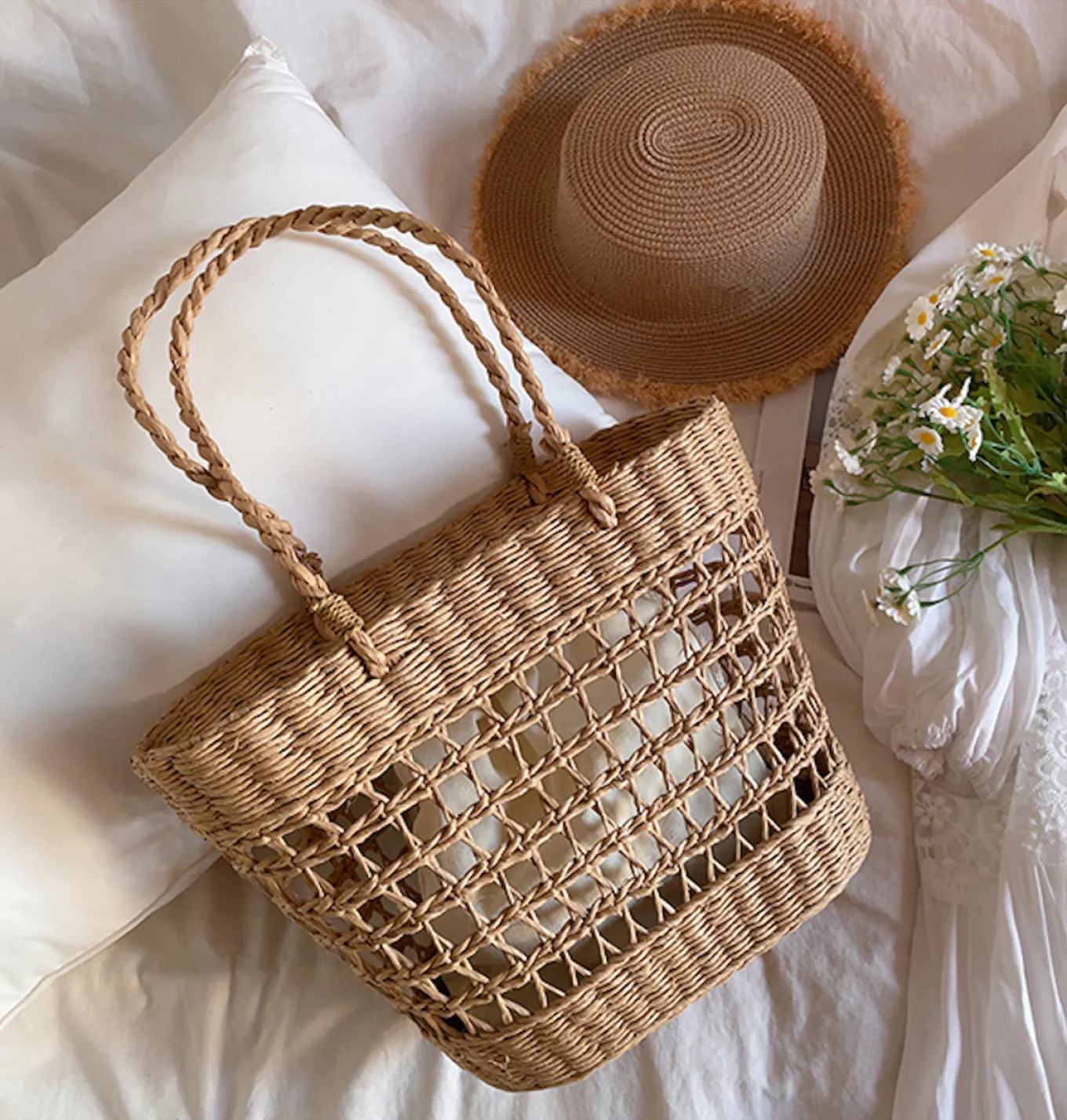 Elena Handbags Straw Beach Tote Basket