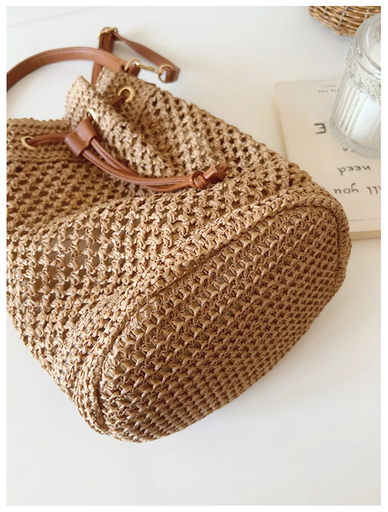 Elena Handbags Straw Bucket Shoulder Bag Summer Fashion