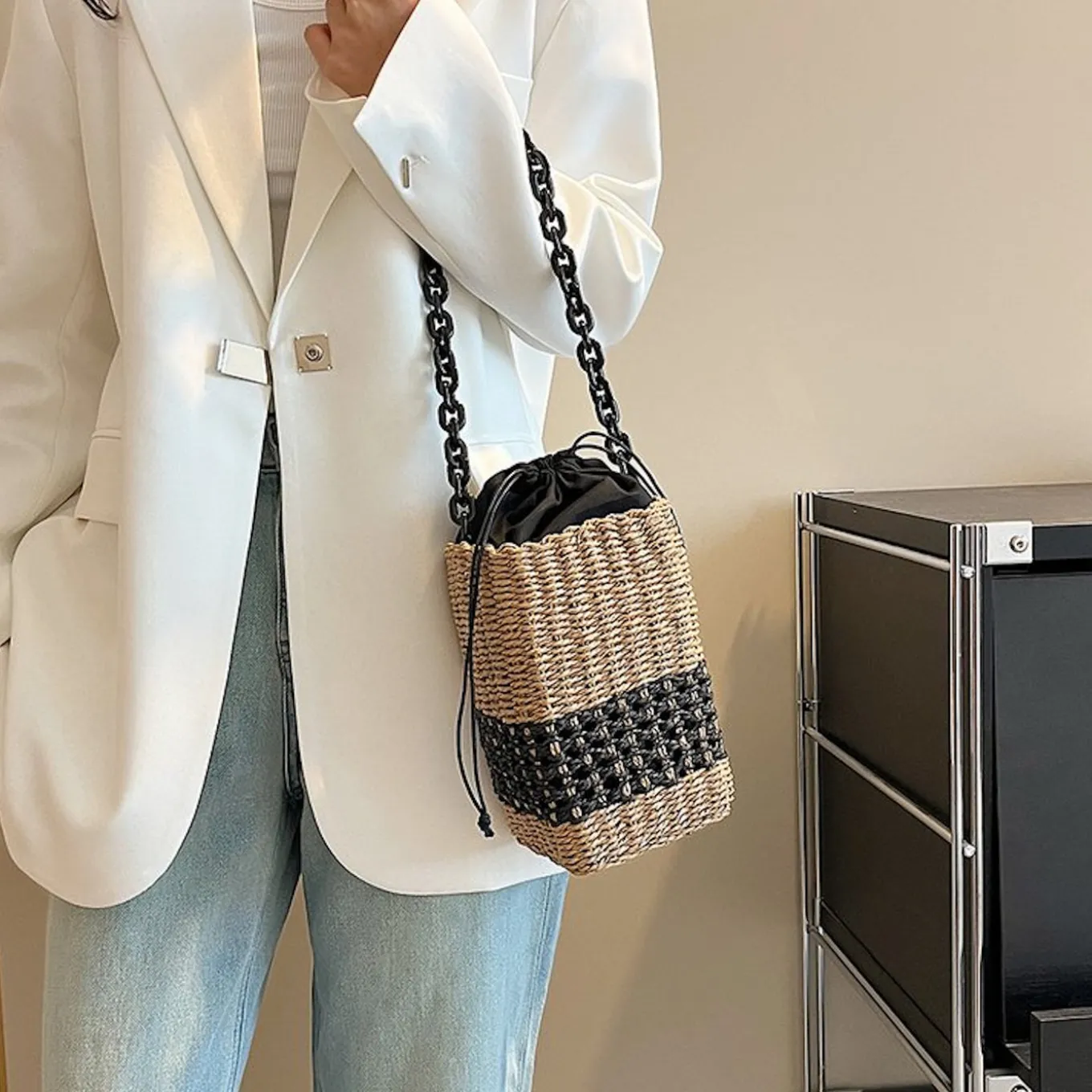 Elena Handbags Straw Cube Shaped Fashion Handbag