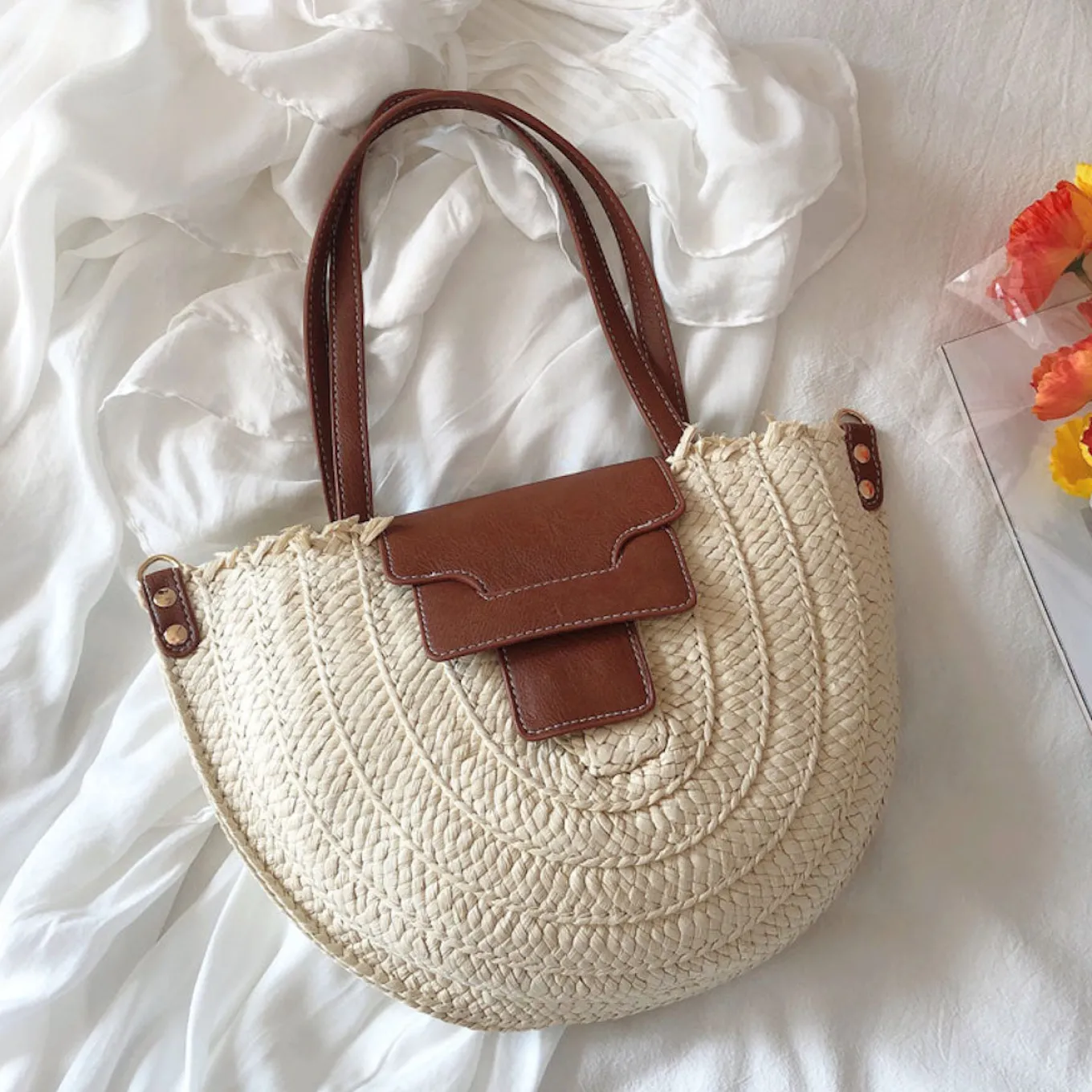 Elena Handbags Straw Half Moon Summer Purse
