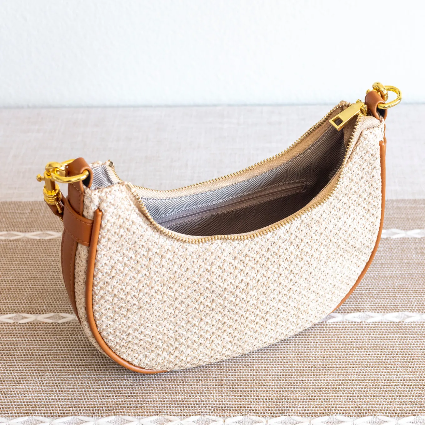Elena Handbags Straw Half Moon Summer Purse